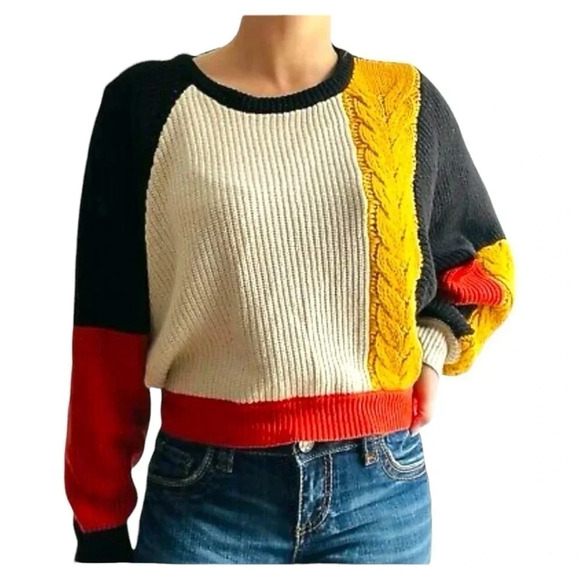 MOON & Madison Chunky Cable Color Block Cropped Sweater Black Yellow Cream Large - Picture 1 of 10